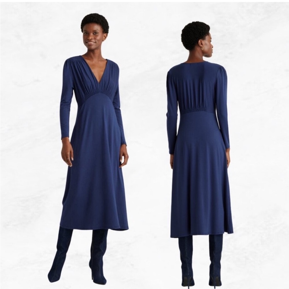Quince Tencel Jersey V-Neck Long Sleeve Midi Dress XS Navy Blue
